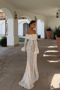 Abito Elegante Spalle Scoperte in Pizzo Maniche Lunghe