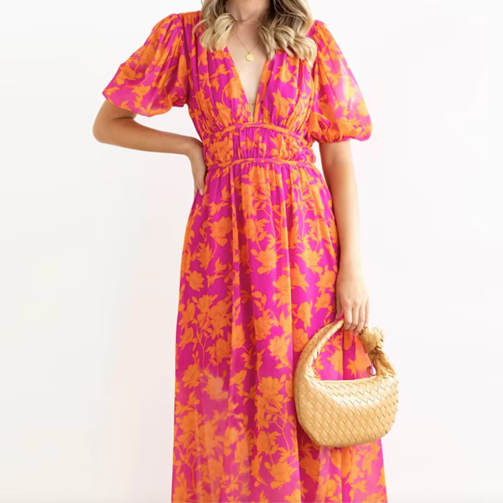 Abito Maxi Floreale – Scollo a V Maniche Corte