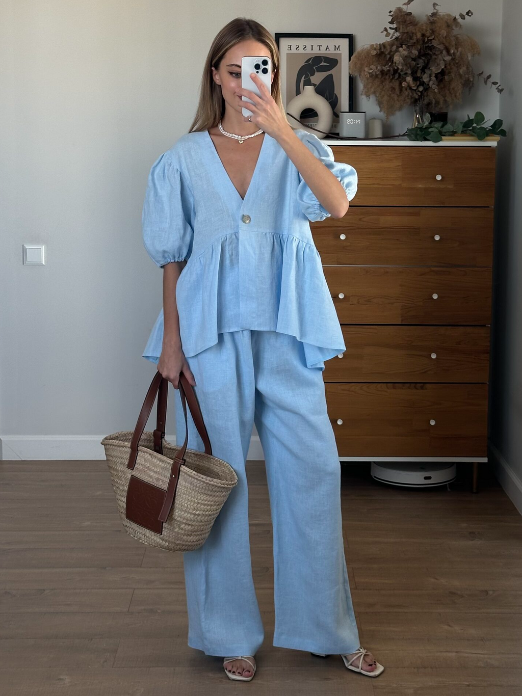 Dorio Moda Completo Due Pezzi da Donna in Lino – Top Scollo a V, Maniche a Sbuffo, Pantaloni Gamba Larga, XS-XL-83274-350be112-09bf-4698-93ad-a45ce3b240ee