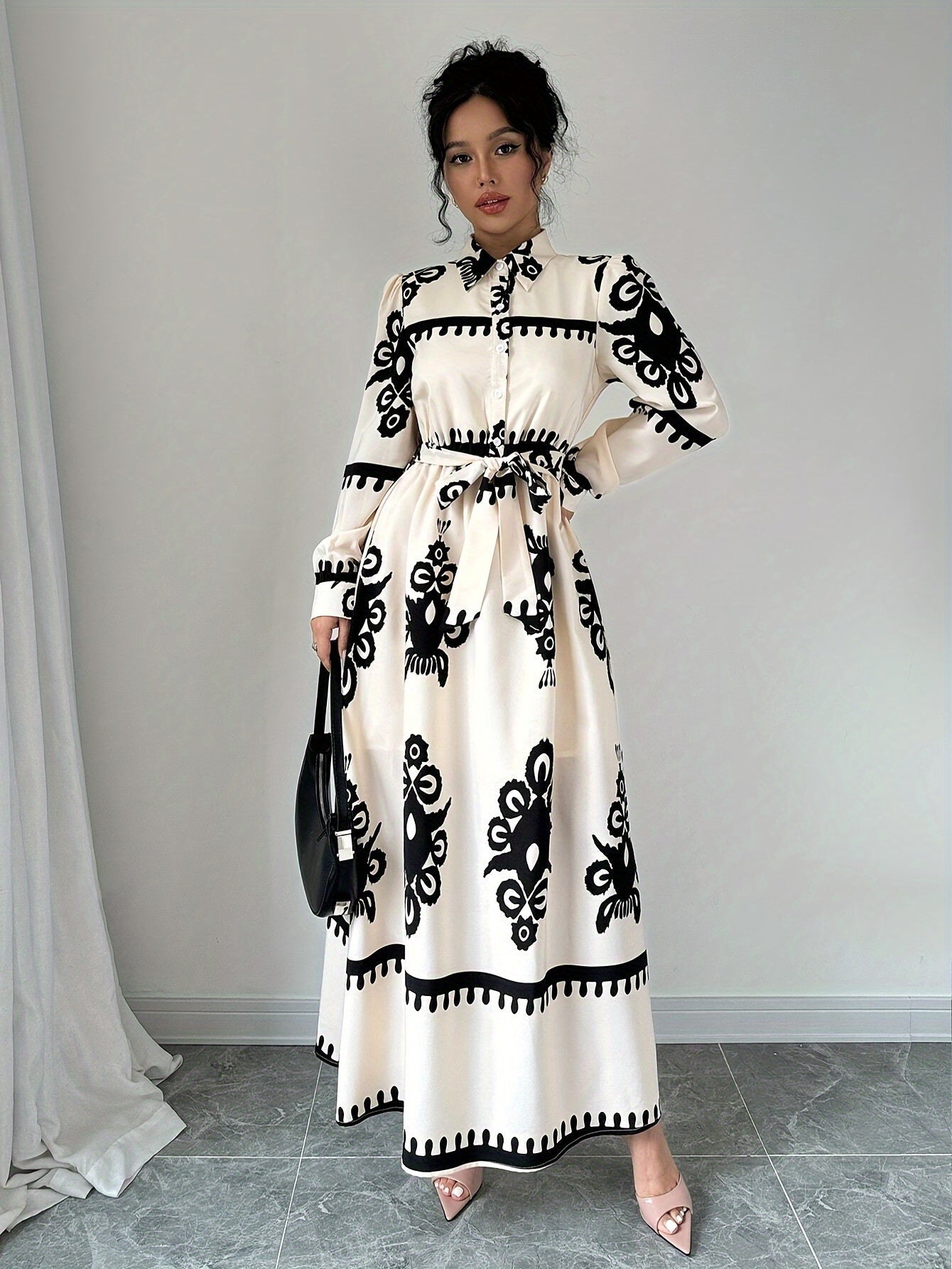 Abito Lungo Donna con Stampa Fantasia, Maniche Lunghe e Cintura a Nodo-83357-373e1c63-d441-4fae-b193-5d36a3d72081