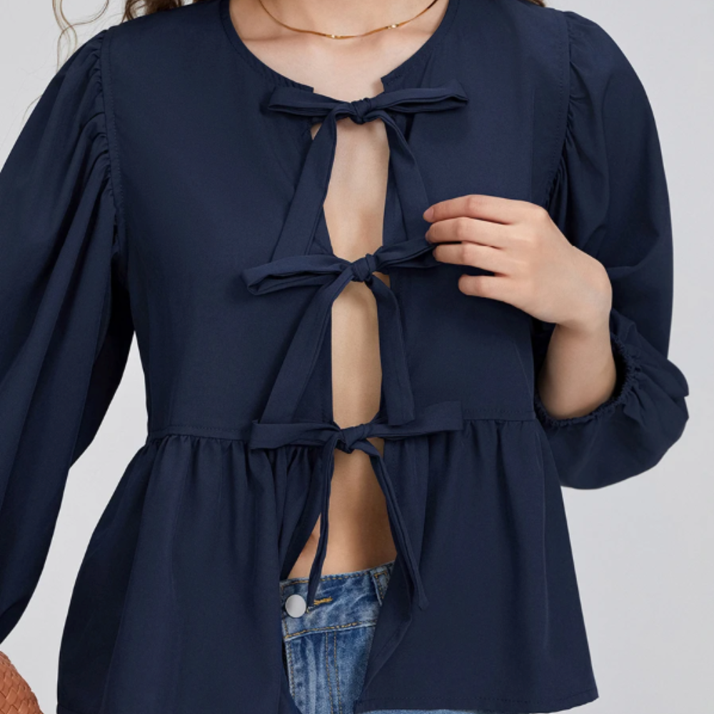 Blusa Elegante con Fiocco e Orlo Peplum – Maniche Tre Quarti
