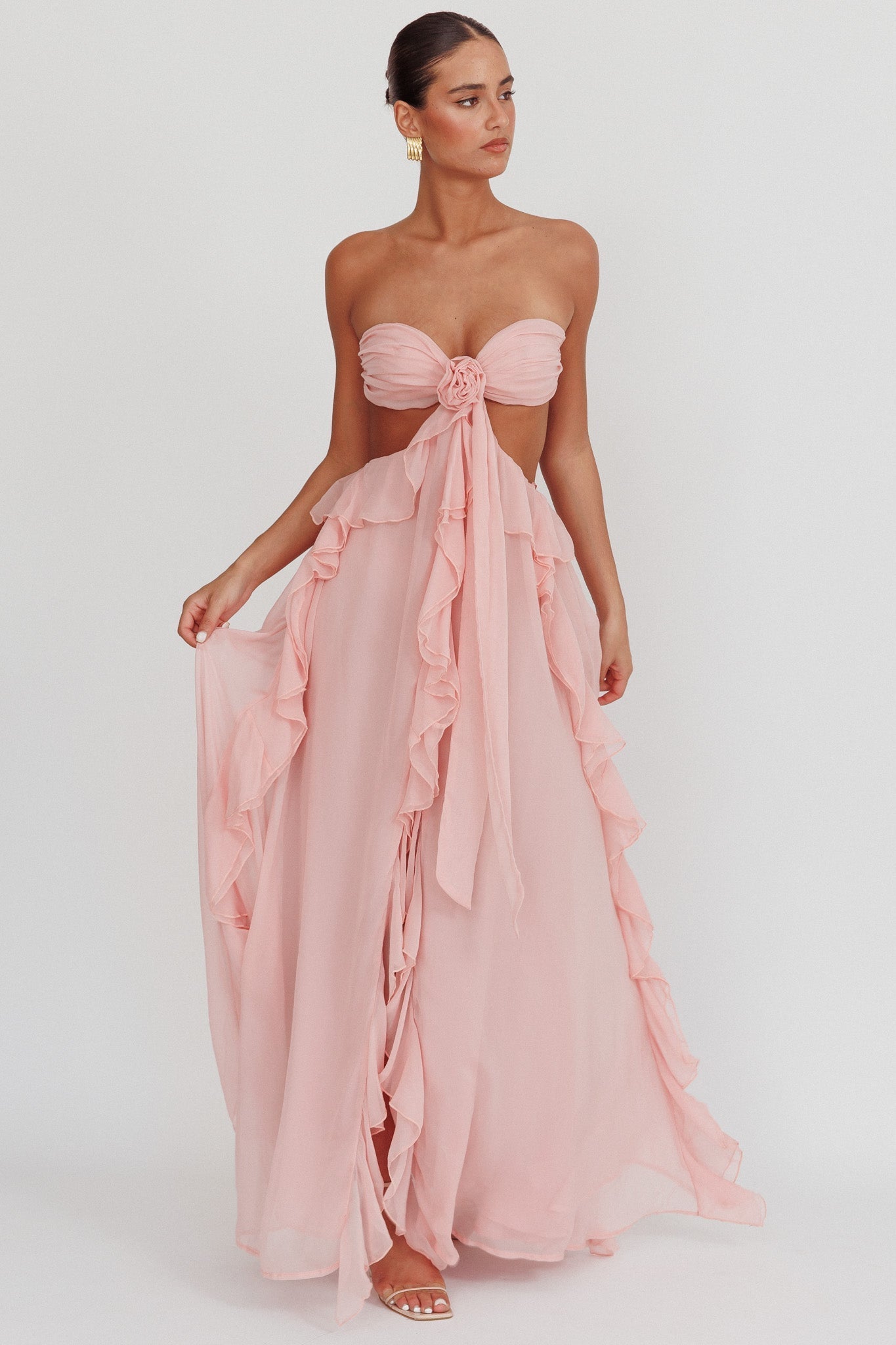 Abito Donna Lungo Senza Spalline – Design Cut-Out, Balze Fluttuanti Elegante-83518-3a3f6633-ffa9-4ca9-90eb-dea00d513b5d