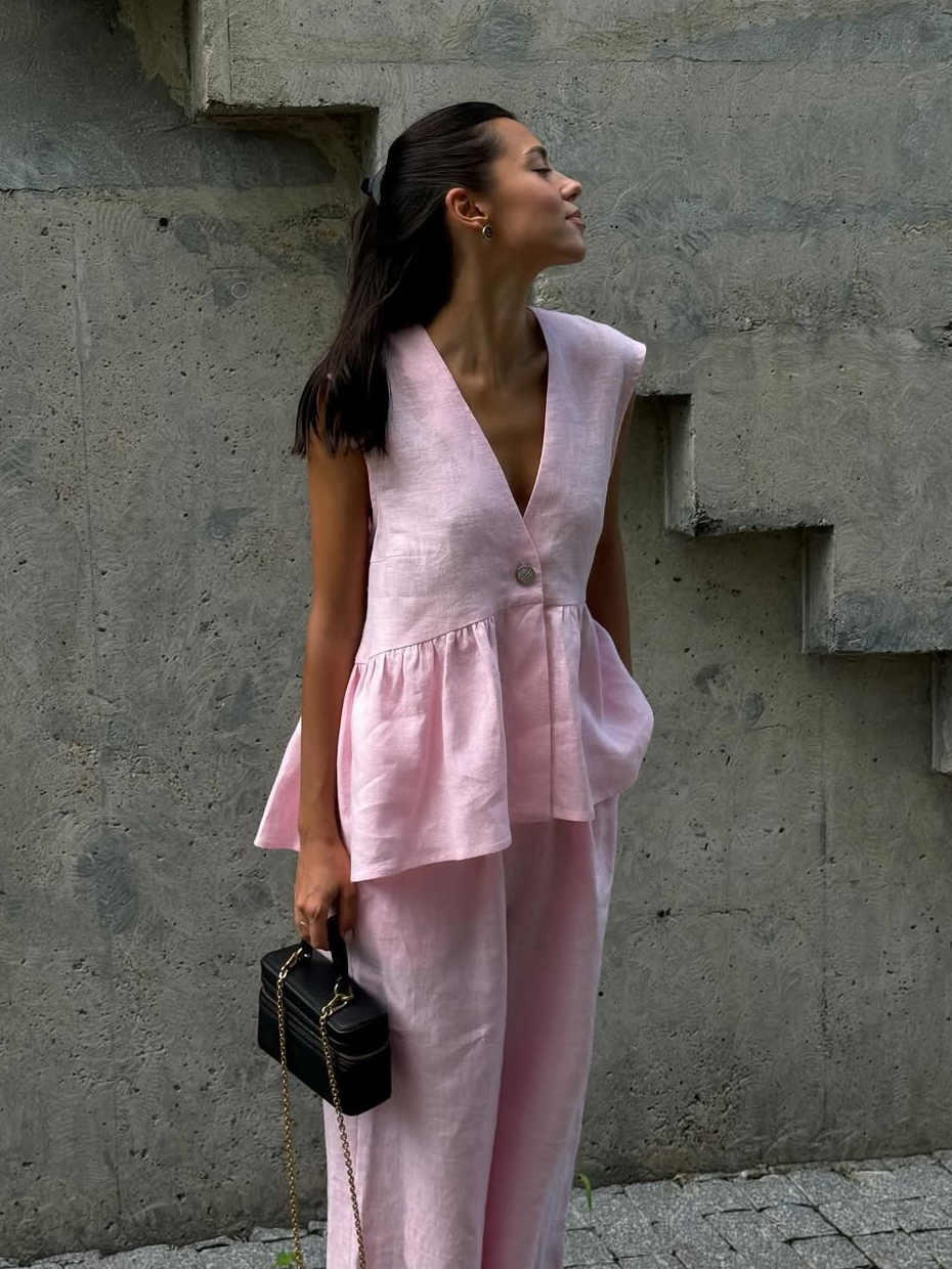 Dorio Moda Completo Due Pezzi Donna Lino – Top Senza Maniche & Pantaloni Palazzo Scollo a V-83272-3a951ff5-e144-4189-8b3b-dc87d849c333