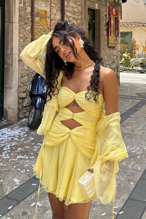 Abito Donna Giallo con Cut-Out, Maniche Velate e Tessuto Fluido-83601-3ecfc962-45ac-42f5-83ea-b9f45baefe93