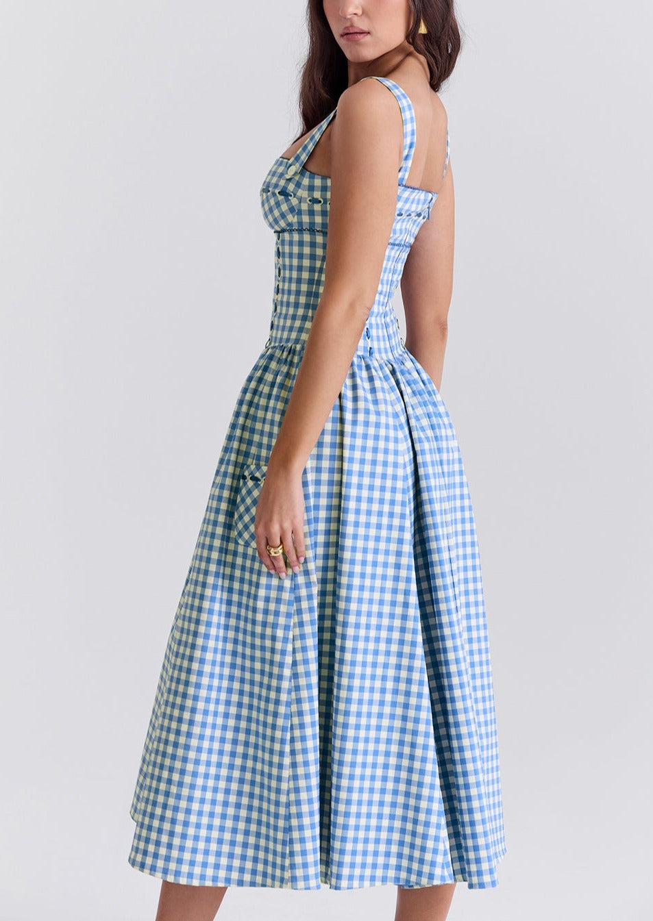 Abito Donna Gingham Scollo Quadrato Dettagli Bottoni Stile Classico-83592-408ad8e2-d51b-4e59-9988-dc96a80d2de5