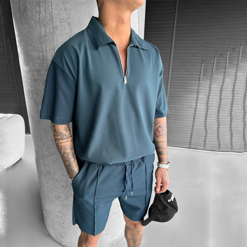 Summer Fashion Mens Clothing Men's Suits New Zipper Polo Casual Short Sleeve Drawstring Shorts Men's Set by http://Lolyshop.shop