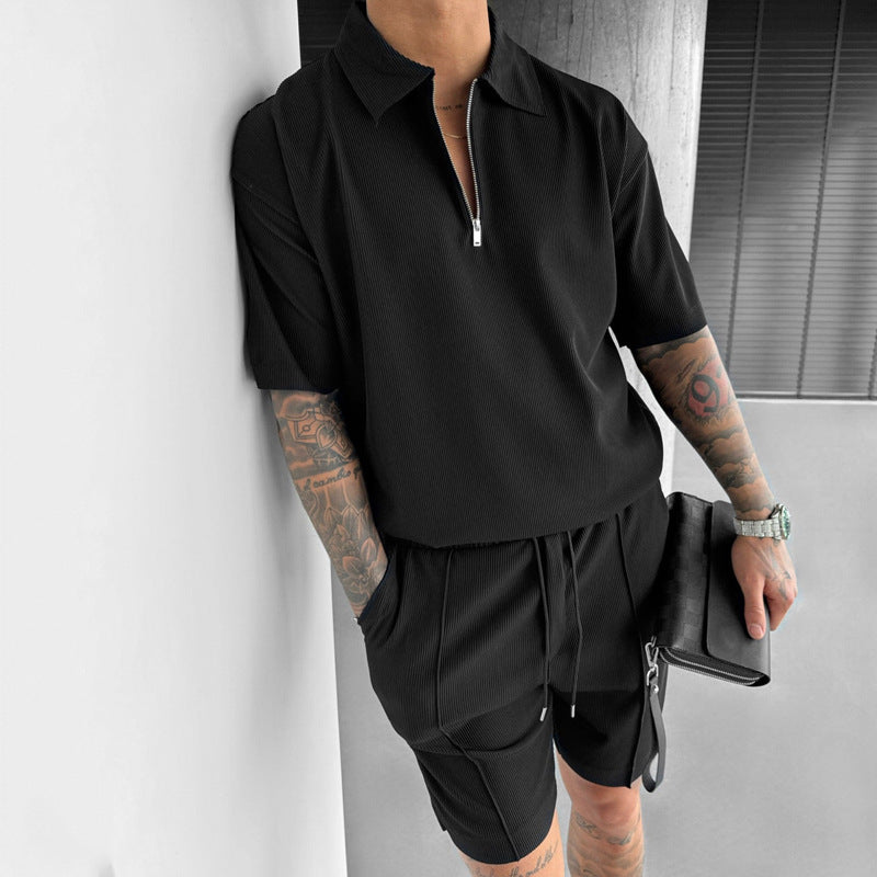Summer Fashion Mens Clothing Men's Suits New Zipper Polo Casual Short Sleeve Drawstring Shorts Men's Set by http://Lolyshop.shop