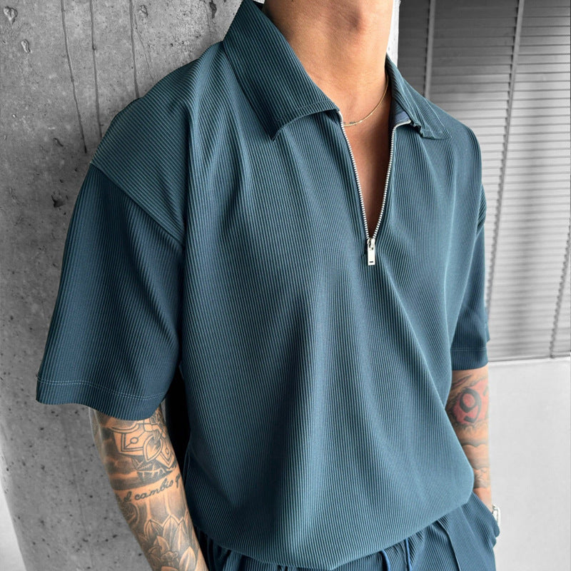 Summer Fashion Mens Clothing Men's Suits New Zipper Polo Casual Short Sleeve Drawstring Shorts Men's Set by http://Lolyshop.shop