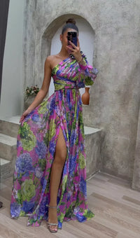 Abito Maxi | Spalla unica, sbuffo, spacco alto | Primavera