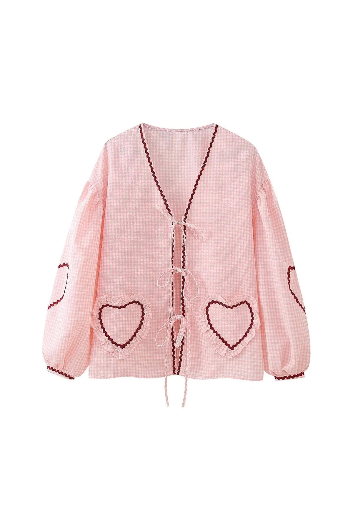 Blusa Donna Gingham con Tasche a Cuore, Chiusura a Nodo e Bordo Rosso-83307-44fea038-c94b-4511-85d5-4330bcb914c1