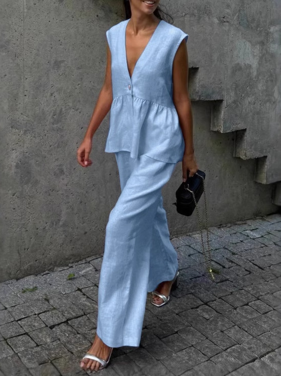 Dorio Moda Completo Due Pezzi Donna Lino – Top Senza Maniche & Pantaloni Palazzo Scollo a V-83272-4ab44557-d8ed-4597-9d20-fd4405e2063a