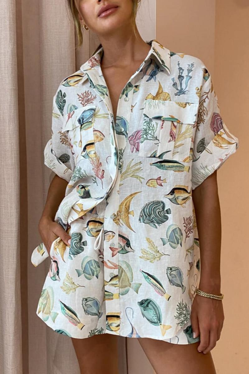 Completo Camicia e Shorts Stampa Pesci