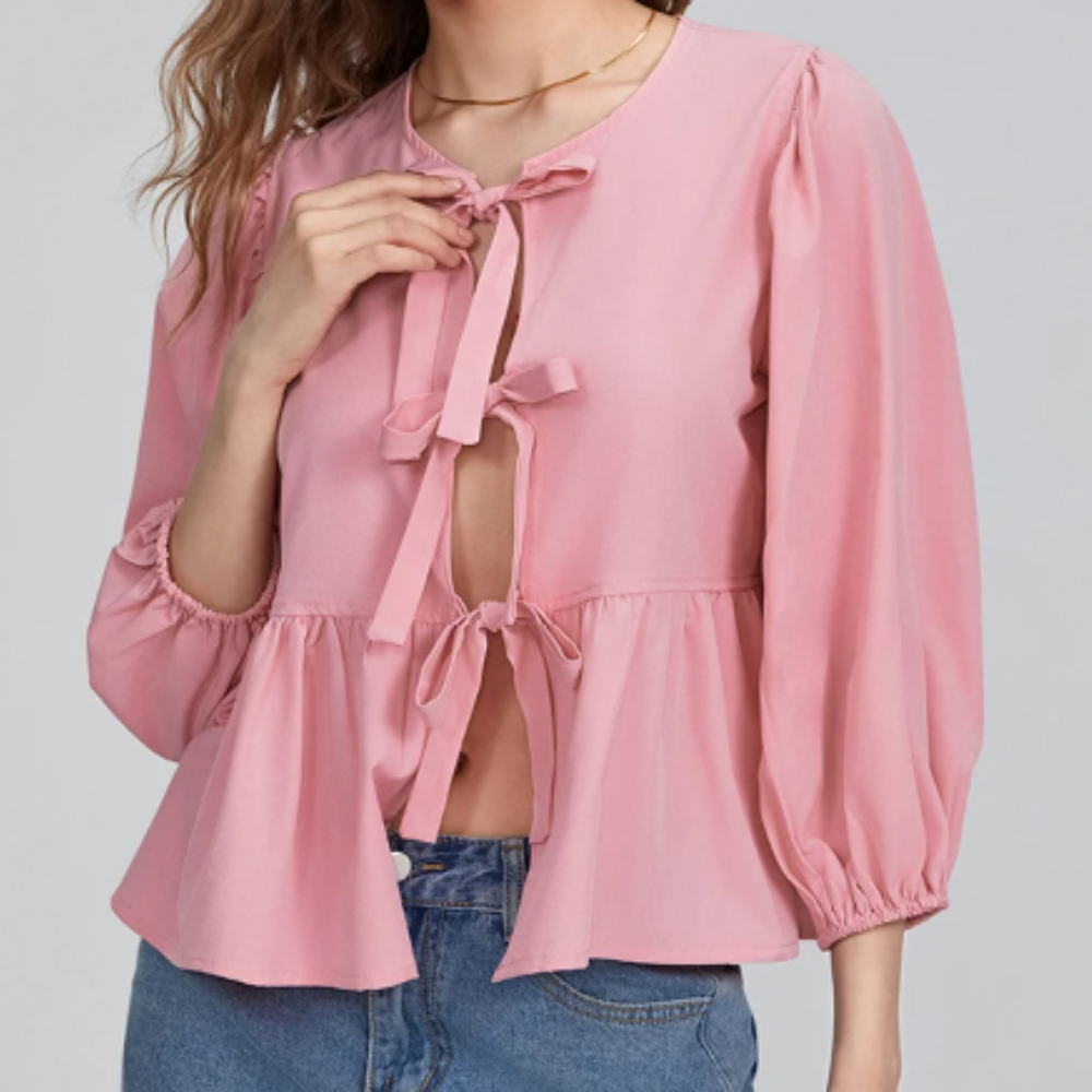 Blusa Elegante con Fiocco e Orlo Peplum – Maniche Tre Quarti