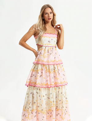 Abito Floreale a Strati con Dettagli Cut-Out