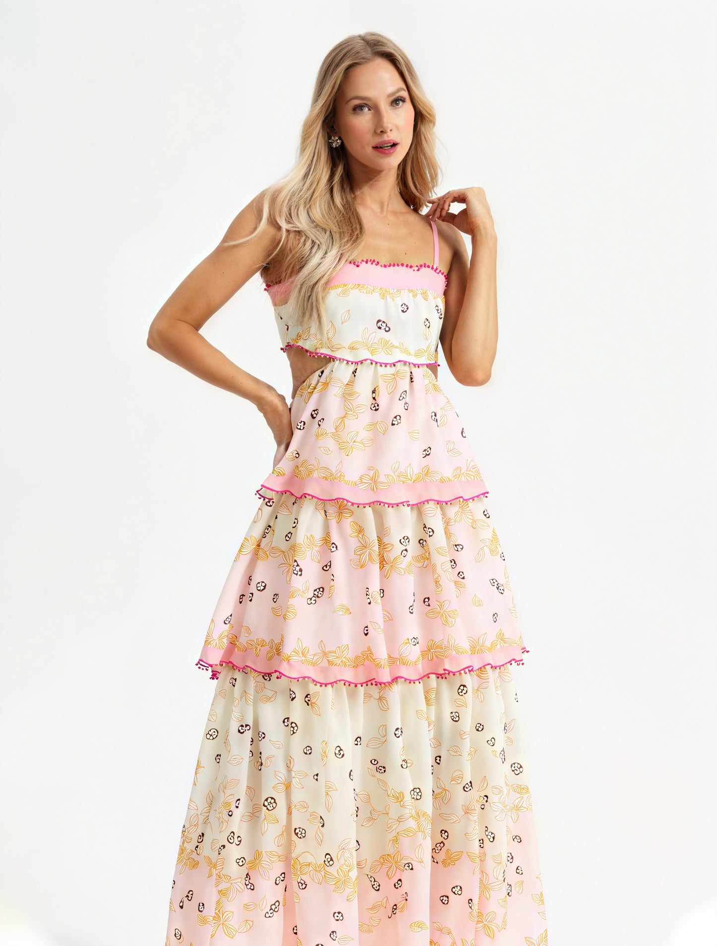 Abito Floreale a Strati con Dettagli Cut-Out