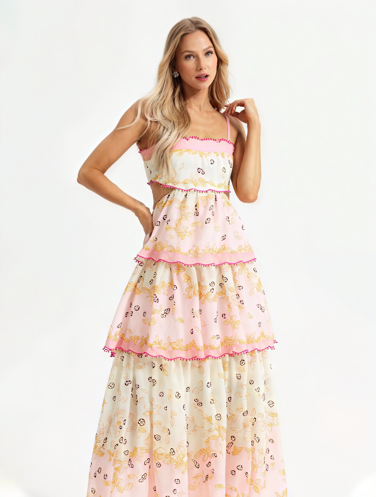 Abito Floreale a Strati con Dettagli Cut-Out