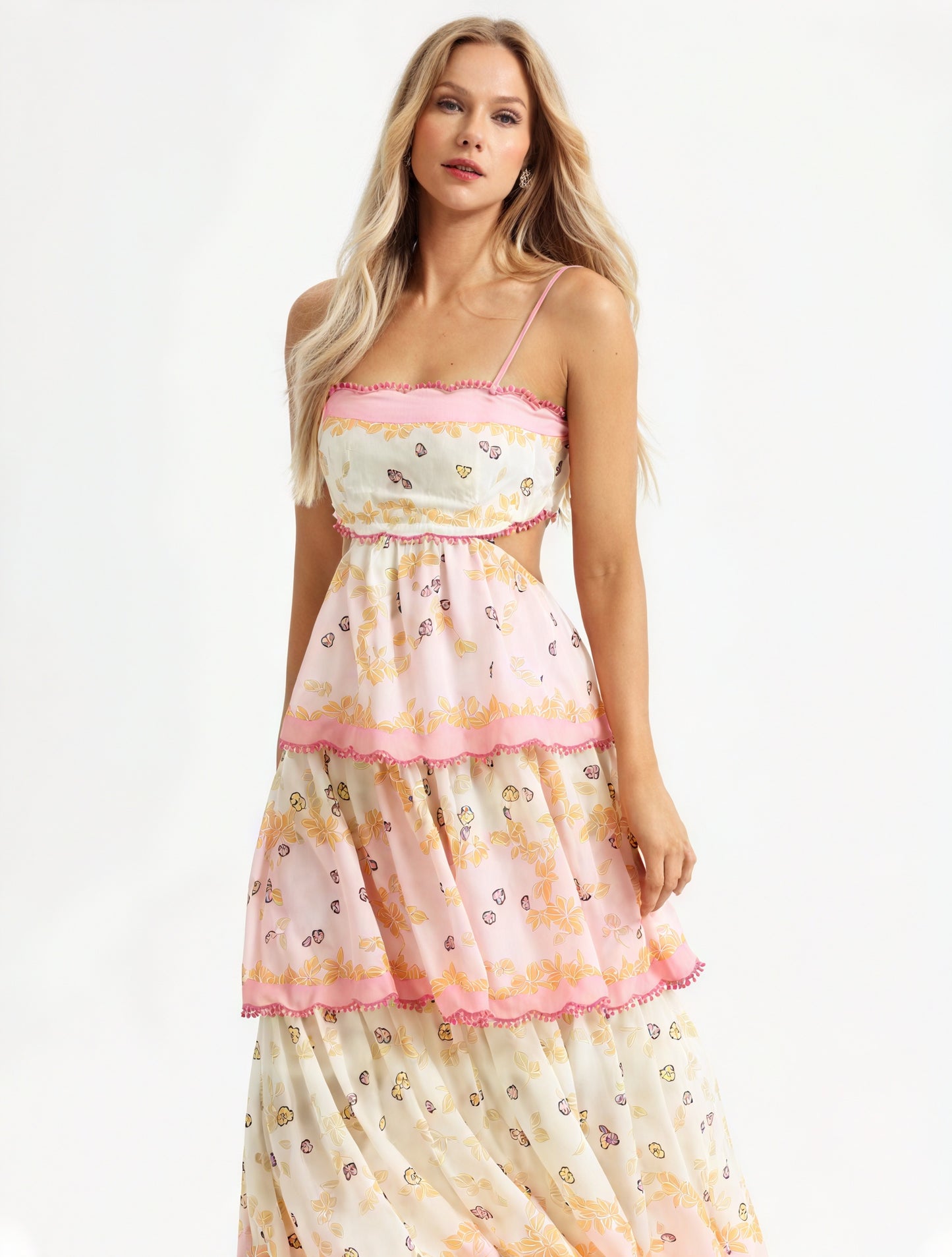 Abito Floreale a Strati con Dettagli Cut-Out