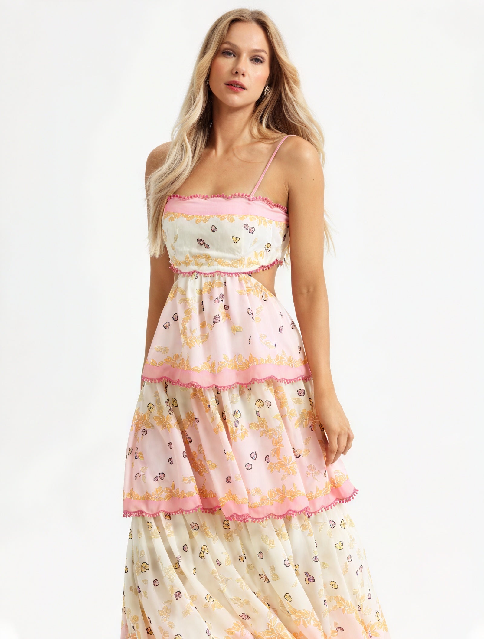 Abito Floreale a Strati con Dettagli Cut-Out