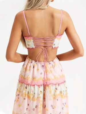 Abito Floreale a Strati con Dettagli Cut-Out