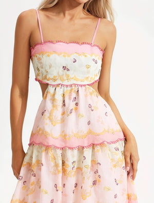 Abito Floreale a Strati con Dettagli Cut-Out