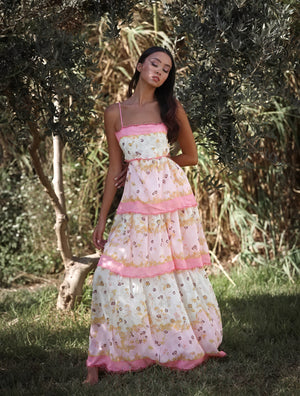 Abito Floreale a Strati con Dettagli Cut-Out