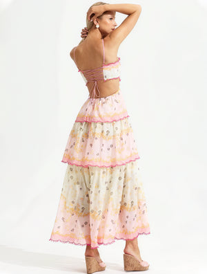 Abito Floreale a Strati con Dettagli Cut-Out