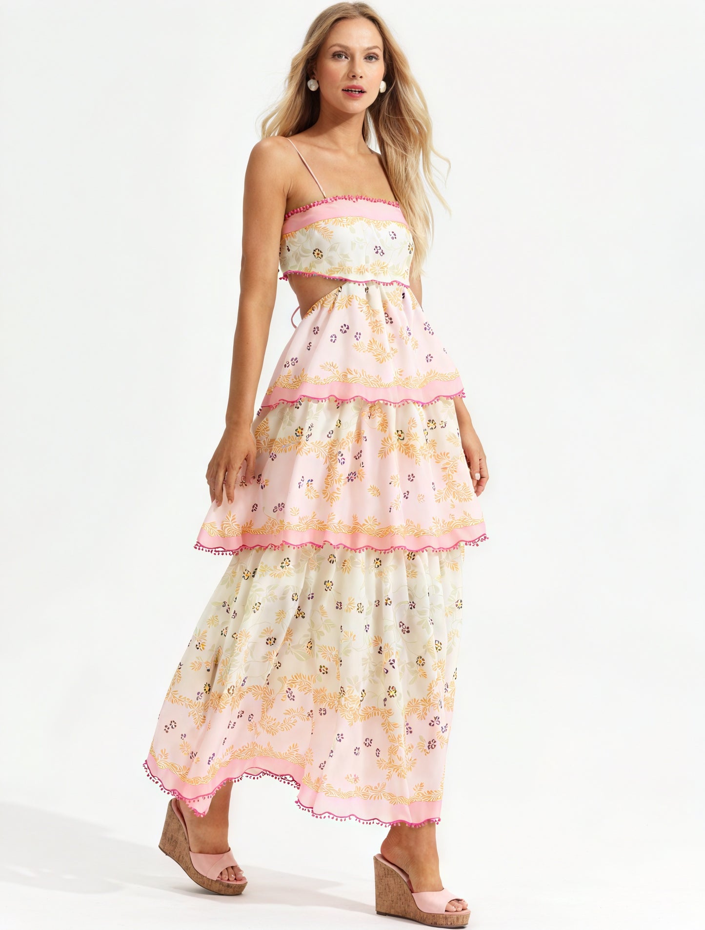 Abito Floreale a Strati con Dettagli Cut-Out