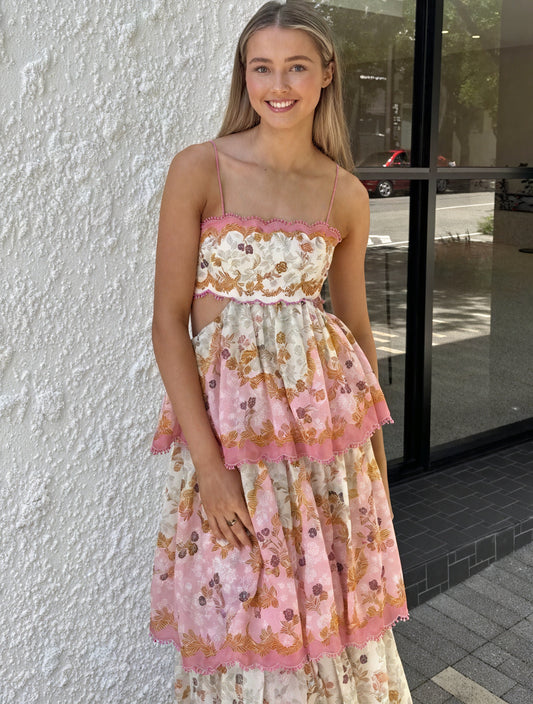 Abito Floreale a Strati con Dettagli Cut-Out