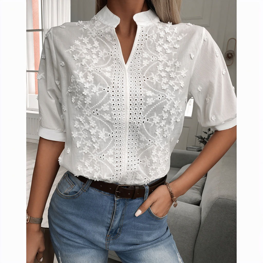 Blusa Ricamata con Zip e Dettagli in Pizzo