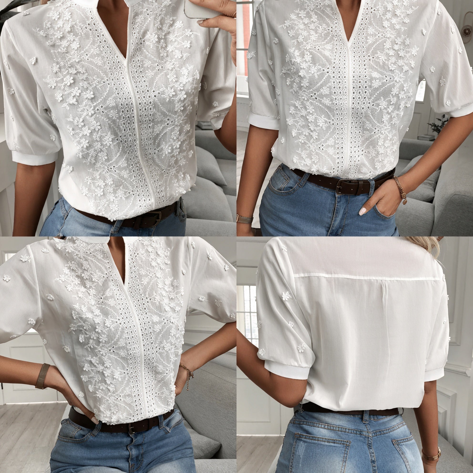Blusa Ricamata con Zip e Dettagli in Pizzo