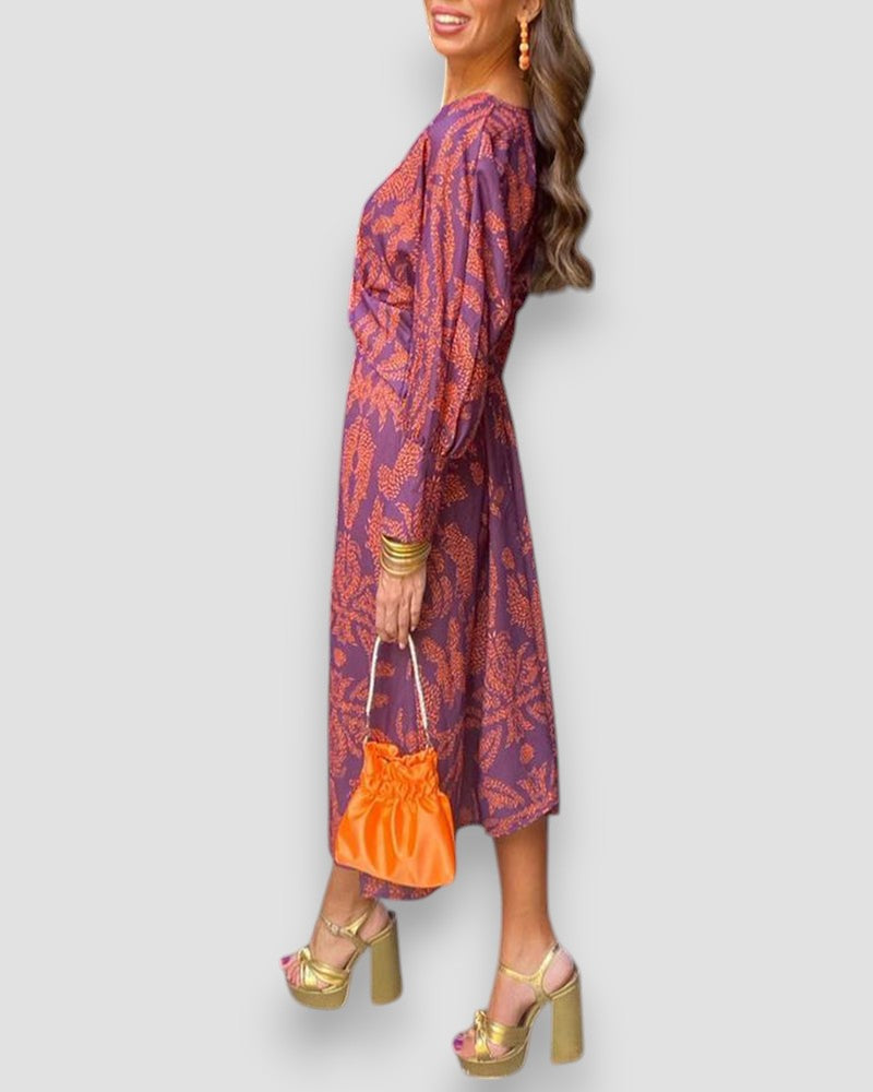 Abito Lungo da Donna Stampato Maniche Lunghe Scollo a V Nodo Vita-83293-5708eb56-5702-42cd-964b-8958ae70a4ed