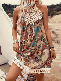 Abito Halter Stampa Paisley con Nappe Fluttuanti