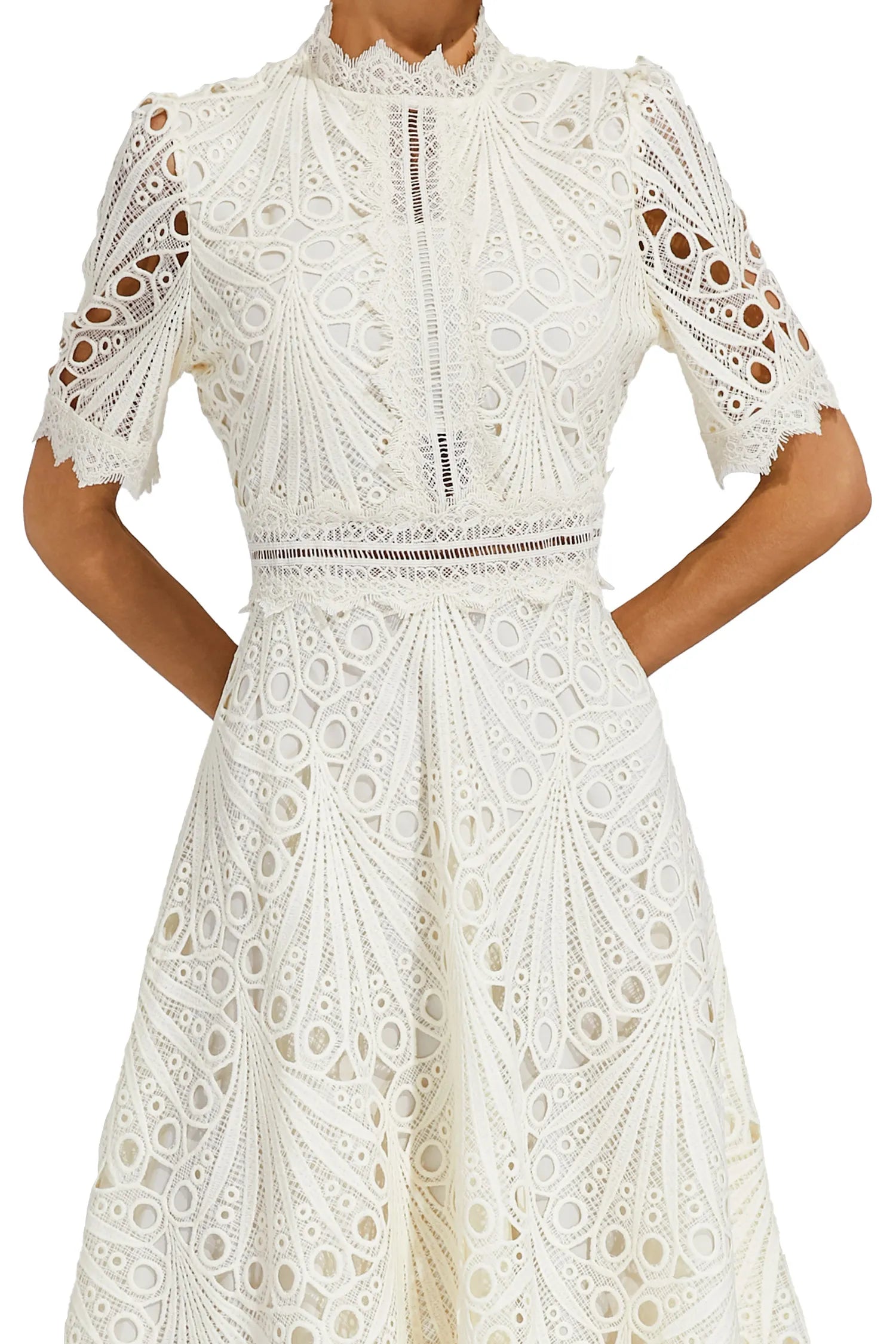 Abito Midi Donna in Pizzo – Scollo Alto, Dettaglio Cut-Out, Maniche Corte-83326-5bf43432-6b28-4780-ac74-7dee4c16a068