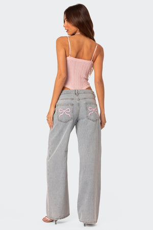 Jeans Donna Gamba Larga Lavaggio Chiaro con Fiocchi Ricamati-83512-5f59092b-bdb1-4966-ad65-8bd7ea0e5f7a