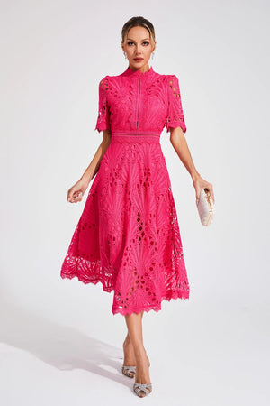 Abito Midi Donna in Pizzo – Scollo Alto, Dettaglio Cut-Out, Maniche Corte-83326-609b8a51-d874-433b-8d0f-f536e1c34c5e