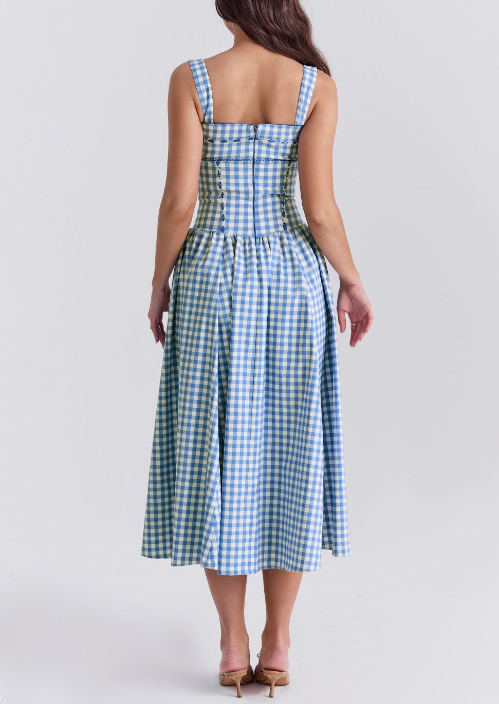 Abito Donna Gingham Scollo Quadrato Dettagli Bottoni Stile Classico-83592-61823281-8a02-433e-885f-19eb7faa024c