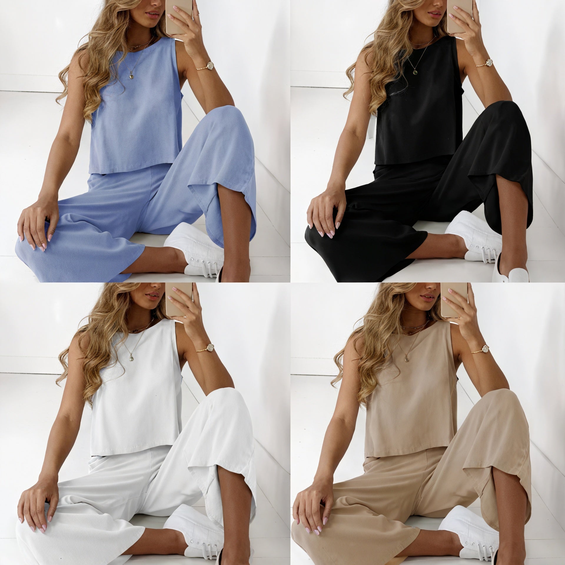 Completo Coordinato Donna – Top Senza Maniche e Pantaloni Gamba Larga, Stile Casual-64478-67f052a1-2f4a-43b4-a385-8b3b952f029c