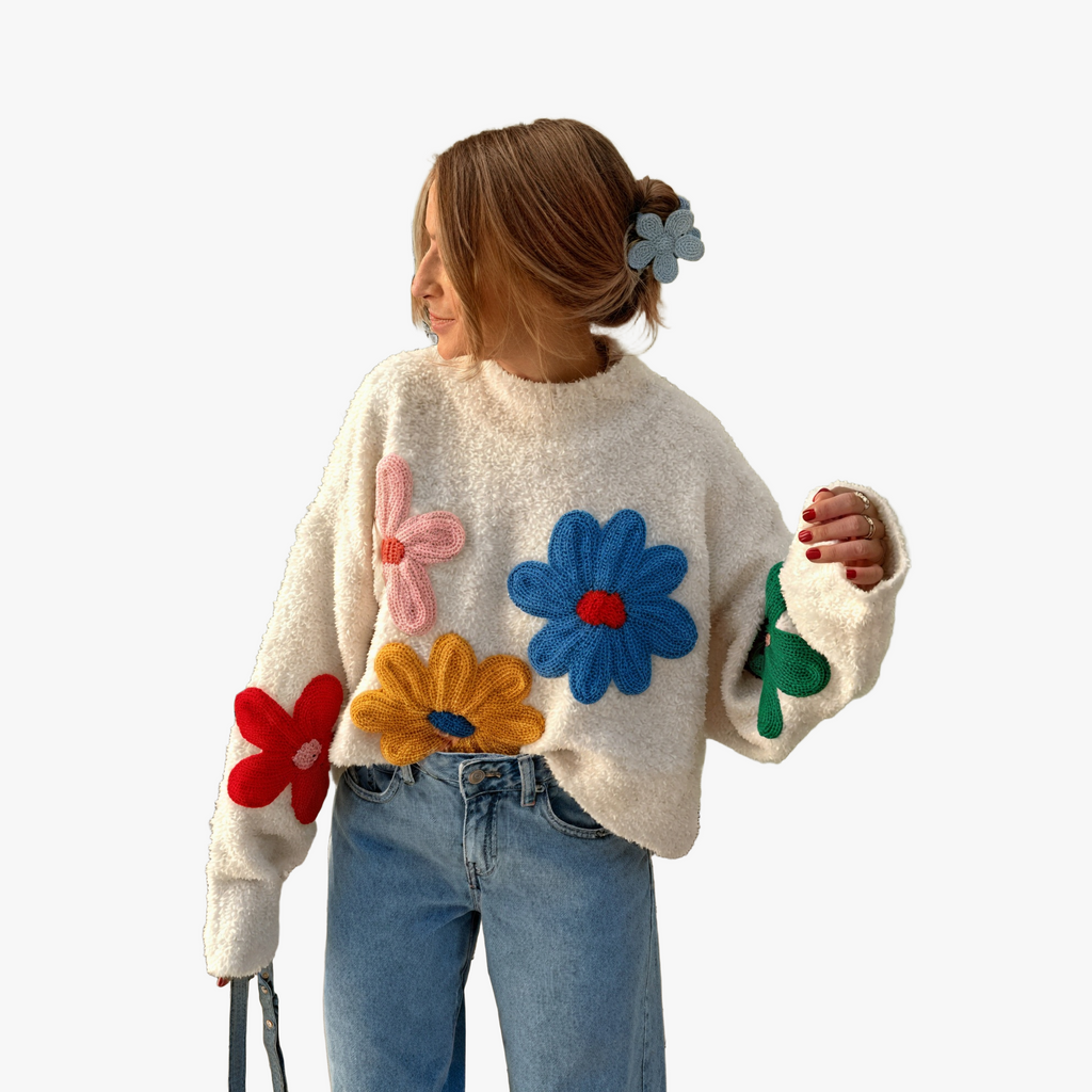 Maglione Oversized con Applicazioni Floreali