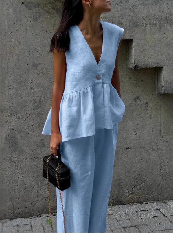 Dorio Moda Completo Due Pezzi Donna Lino – Top Senza Maniche & Pantaloni Palazzo Scollo a V-83272-6a930d19-d39a-43f0-8058-4014556be65f