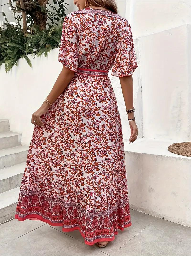 Abito Maxi Floreale con Scollo a V e Vita Annodata, Design Fluido per Vacanze Estive e Stile Bohemian-82359-6b4baf6b-445a-41f9-842a-eedb43b0d310