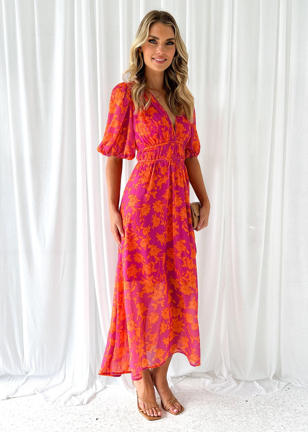 Donna Abito Maxi Floreale Scollo a V Maniche Corte, Silhouette Fluida-83294-6d3d8879-f82a-46e0-ae8f-2ae8238d0da3
