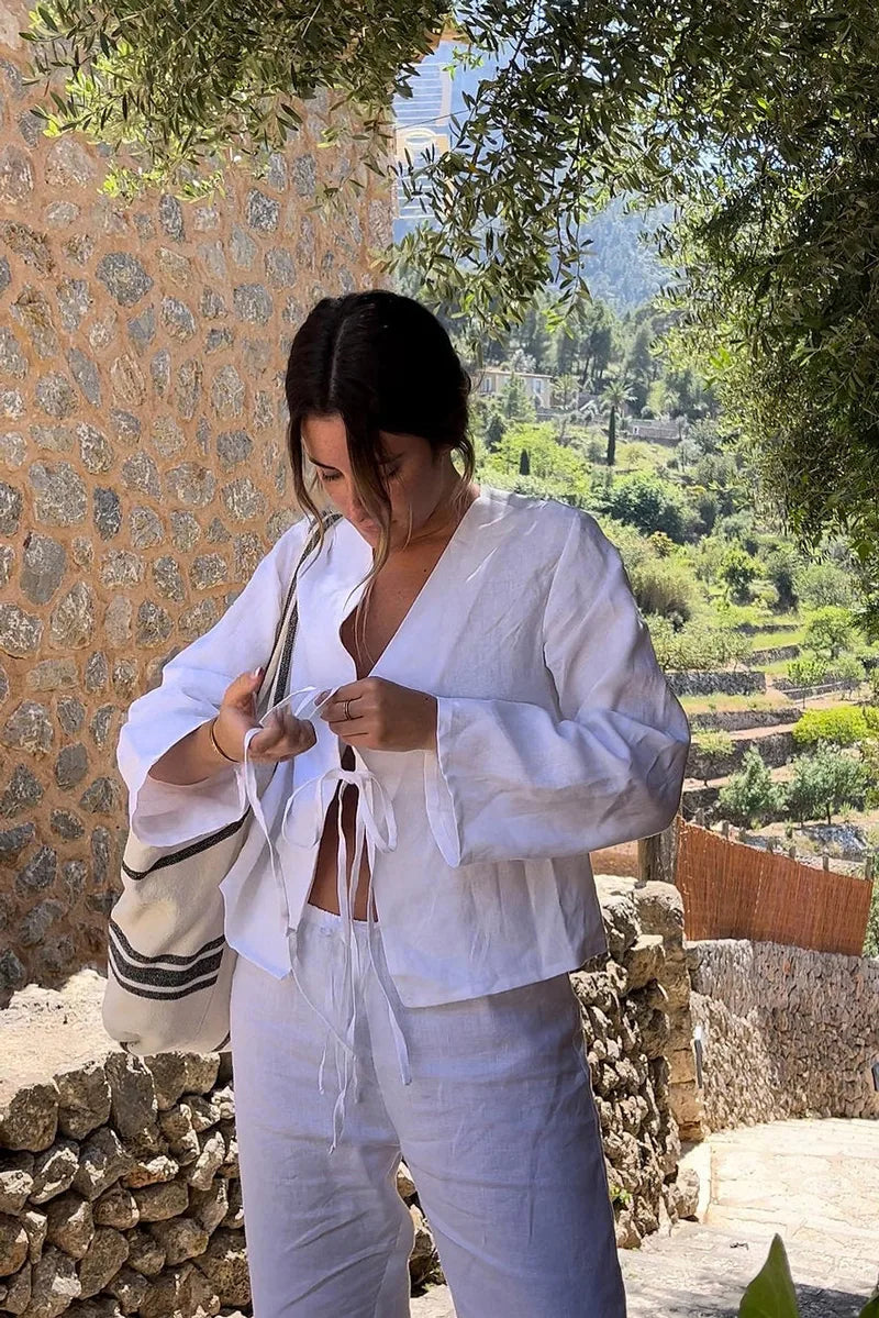 Completo Due Pezzi Donna Lino – Top Manica Lunga Annodato & Shorts Elastico-83296-7128b82b-2f99-4a39-bce2-a5e979173fc8