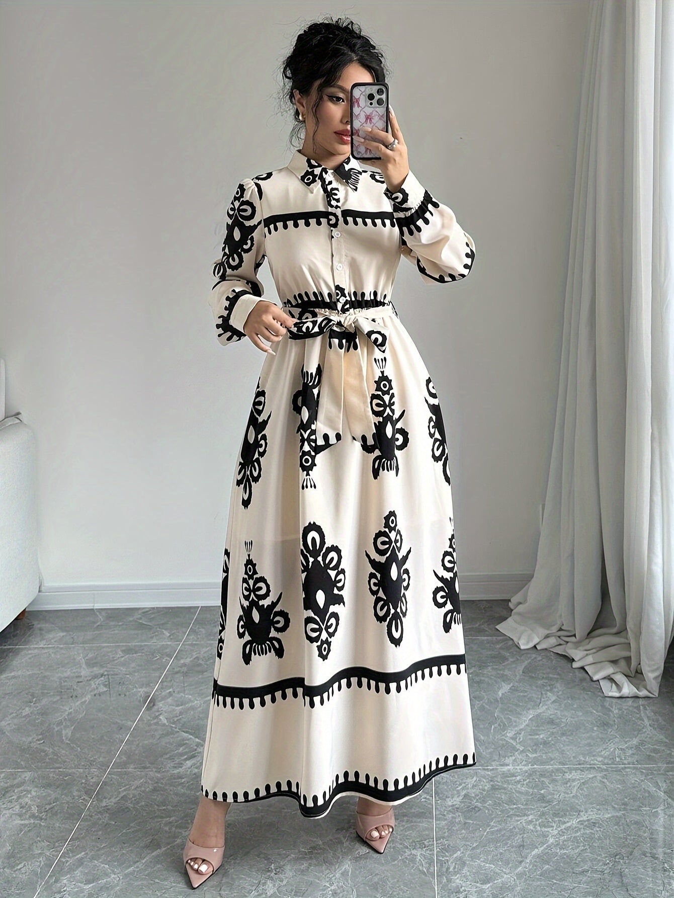 Abito Lungo Donna con Stampa Fantasia, Maniche Lunghe e Cintura a Nodo-83357-71fffb70-7c6d-4d5b-a69e-33e8ab6b0ee1