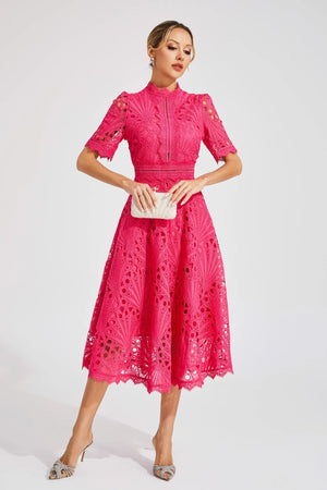 Abito Midi Donna in Pizzo – Scollo Alto, Dettaglio Cut-Out, Maniche Corte-83326-733c6060-c474-47e1-b5c2-53a949ef93ec