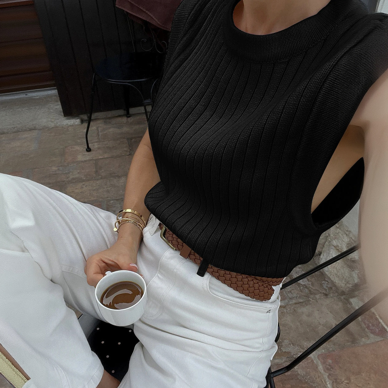 Top Knit Ribbed Senza Maniche