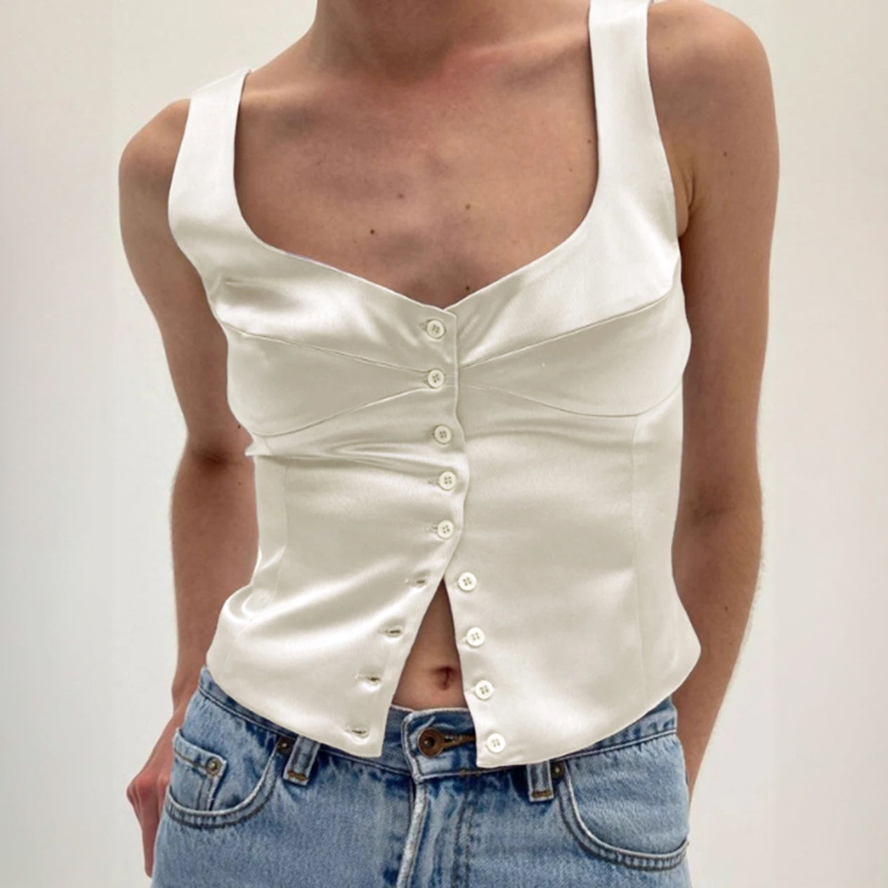 Top Elegante con Bottoni e Scollo Squadrato