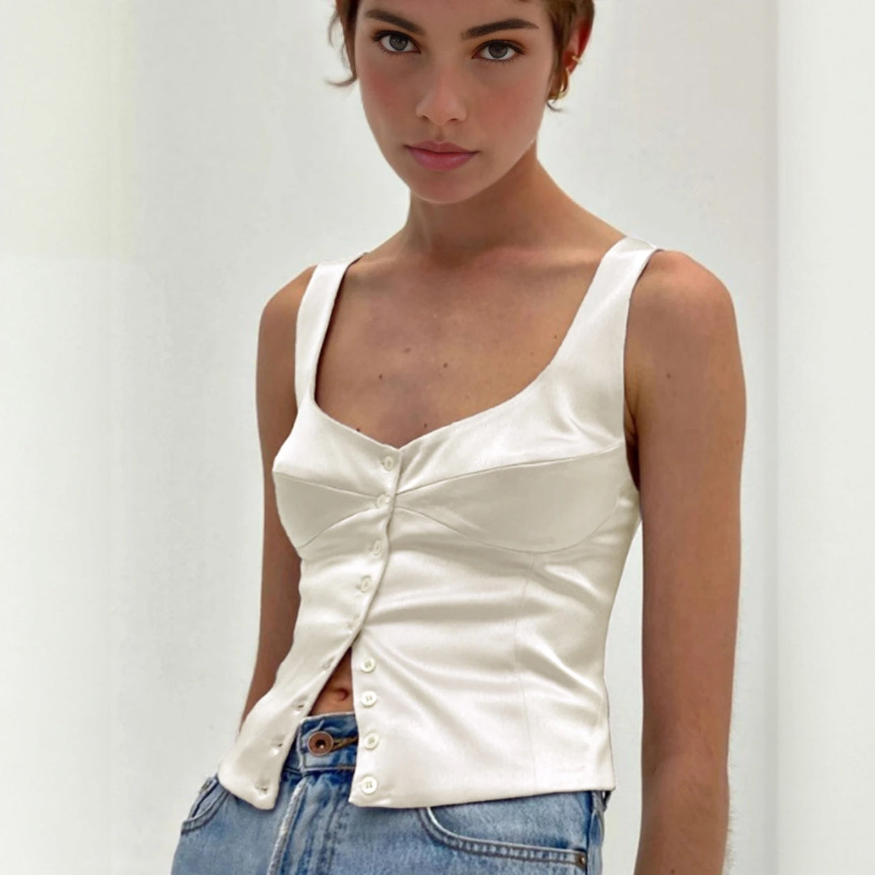 Top Elegante con Bottoni e Scollo Squadrato