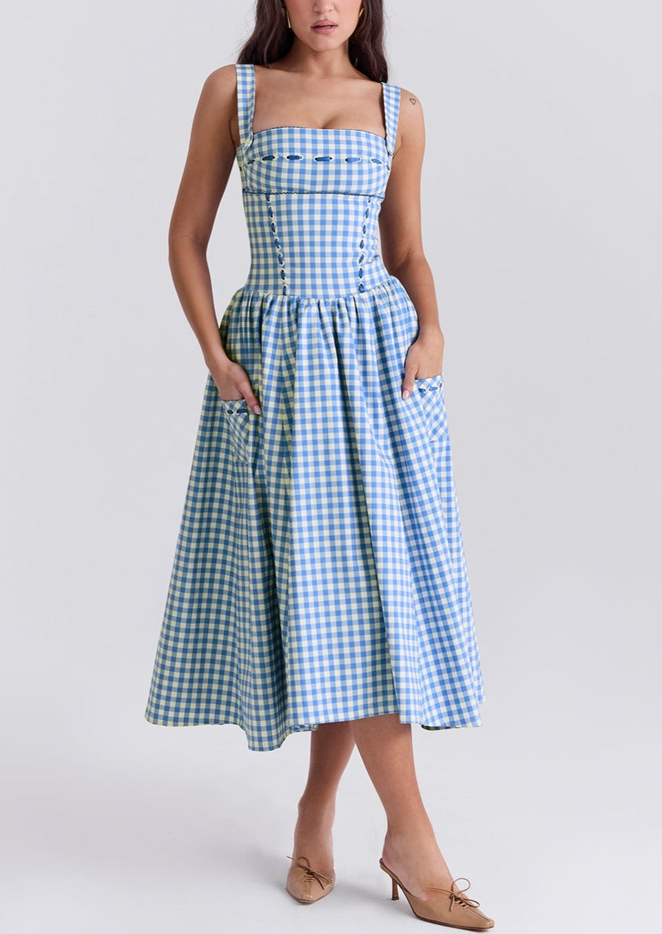 Abito Donna Gingham Scollo Quadrato Dettagli Bottoni Stile Classico-83592-7759cc05-f110-4f25-b0cc-cc21e971c471