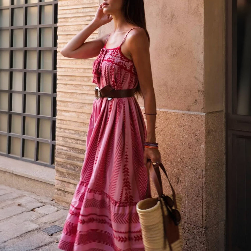 Abito Lungo Bohémien Ricamato con Dettagli Tassel