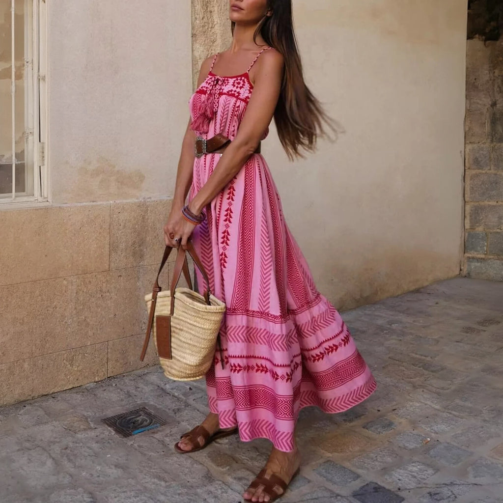 Abito Lungo Bohémien Ricamato con Dettagli Tassel